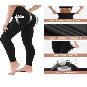 Women Plus High Waist Tummy Control Waist Yoga Leggings w/Pockets 3X Black